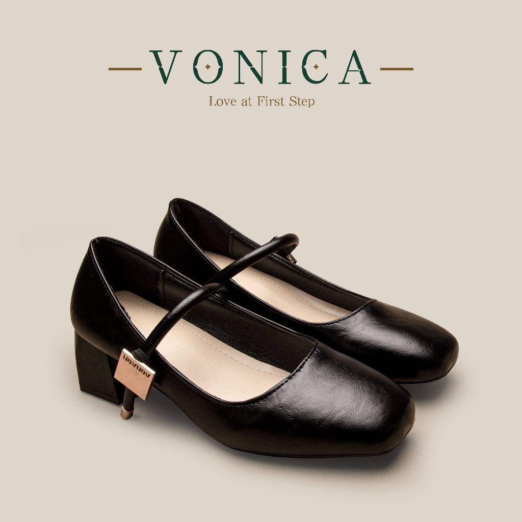 VONICA รองเท้าแมรี่เจนส้นสูงนักเรียนสไตล์เกาหลี 2 นิ้ว สีดำ สีน้ำตาล สำหรับสาวออฟฟิศ และ งานจบการศึกษา