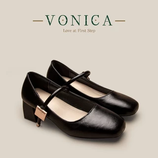 VONICA รองเท้าแมรี่เจนส้นสูงนักเรียนสไตล์เกาหลี 2 นิ้ว สีดำ สีน้ำตาล สำหรับสาวออฟฟิศ และ งานจบการศึกษา