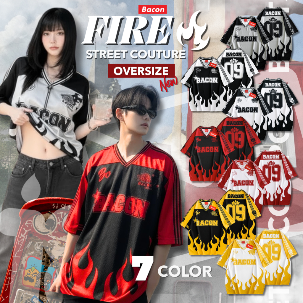 ฺBacon 09 เสื้อ Jersey Oversize ลายไฟ พิมพ์ลายทั้งตัว 7 สี ผ้าดาวกระจาย ใส่สบาย