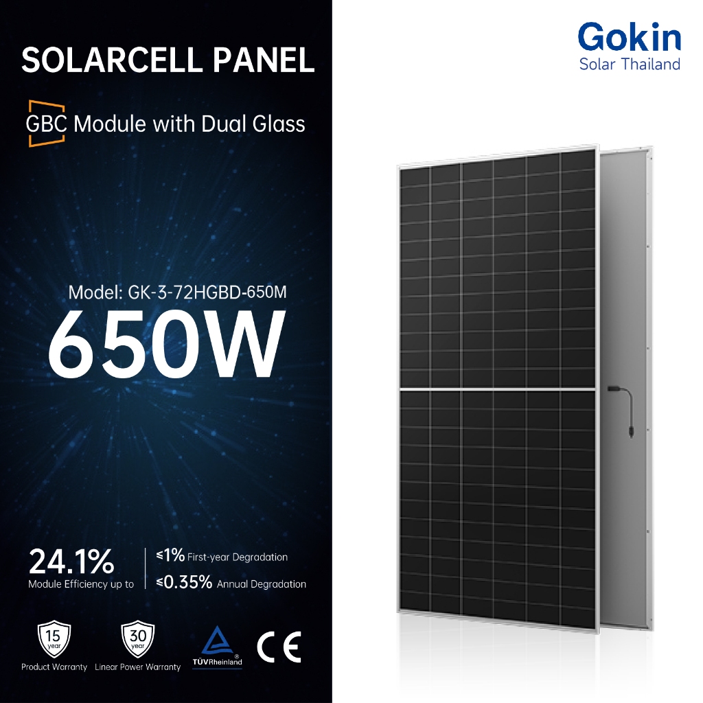 【จัดส่งฟรี ยกพาเลท37แผง】Gokin Solar Panel แผงโซล่าเซลล์  650W รุ่น GK-3-72HGBD-650M  (มีการรับประกัน
