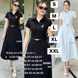 พร้อมส่ง เติม S-2XL ⚡️RM 9017 **รุ่นผ้าบาง .5ขยับไซ้❗️ ชุดเดรสสีดำ ยาว48“+เข็มขัด+เข็มกลัด ดีไซน์ เรียบหรู สุภาพ สง่า