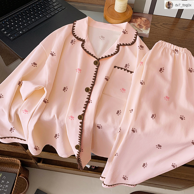 (ราคาถูกที่สุด)ชุดนอนแขนยาว，ชุดนอนคาร์ดิแกนล่าสุด，ผ้าเนื้อนุ่ม，สไตล์ญี่ปุ่น-เกาหลี，ขายาว+เสื้อ，M-2XL