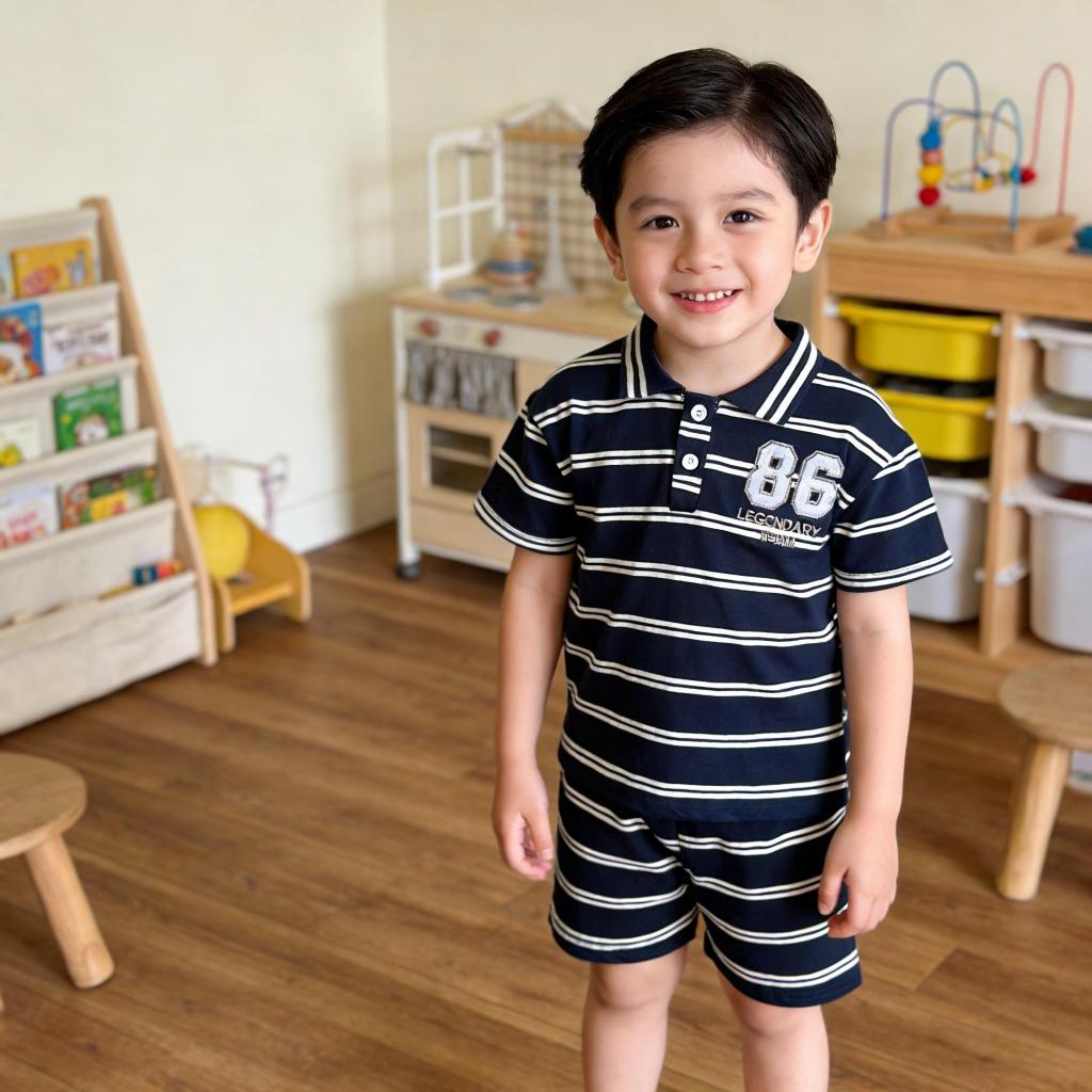 【COD】SUNKIDS ชุดเด็กผู้ชาย โปโลแขนสั้นลายขีด – สีขาวดำ/น้ำเงินขาว，ติดลายตัวเลขสวยงาม，กับกางเกงขาสั้นสวมสบาย。ผ้าเนื้ออ่อน ราคา ถูกที่สุด ดีลบีเคเค แกลเลอรีภาพที่ 5