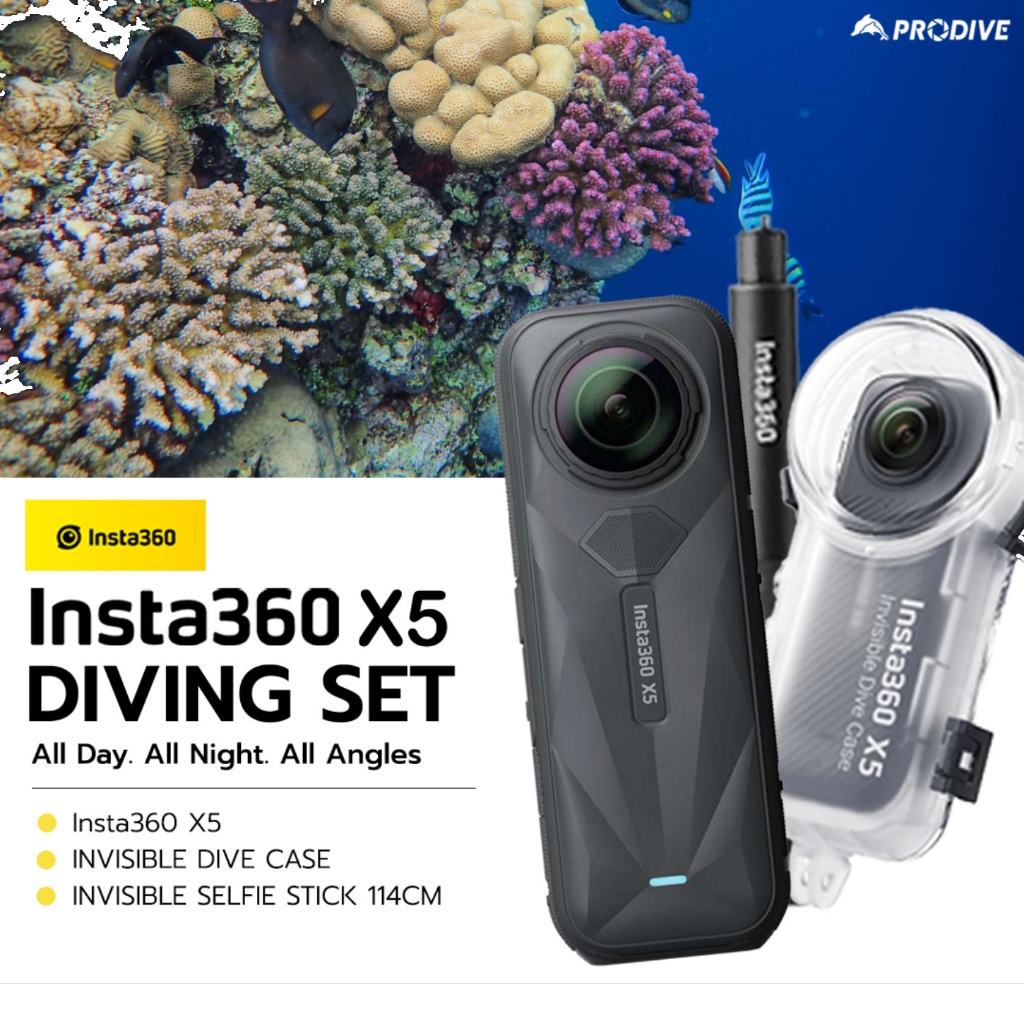INSTA360 X5 Diving SET (กล้อง เคส ไม้ล่องหน) ชุดกล้อง 360องศา ความละเอียด 8K พร้อมลงน้ำลึกได้เลย ประ