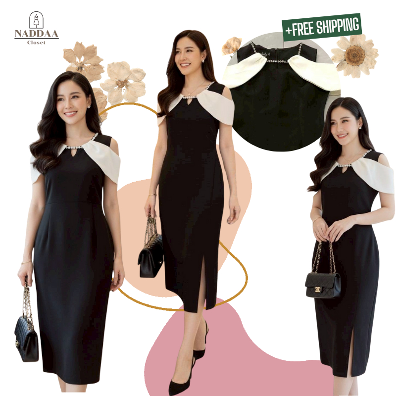 [ป้ายTag :  LLD Lovelady collection] เดรสดำเว้าแขน แขนแต่งผ้าไหมสีขาว คอปักอะไหล่เพชร A870
