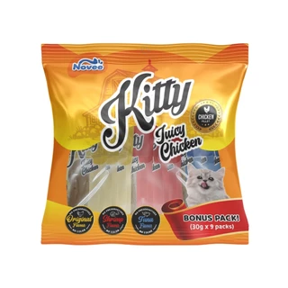 0047 NOVEE KITTY JUICY CHICKEN / ขนมแมว สันในไก่ 100 % 3รส (ไก่, กุ้ง, ทูน่า) โบนัสแพ็ค @30G X 9 ซอง 1แถม1 299บาท