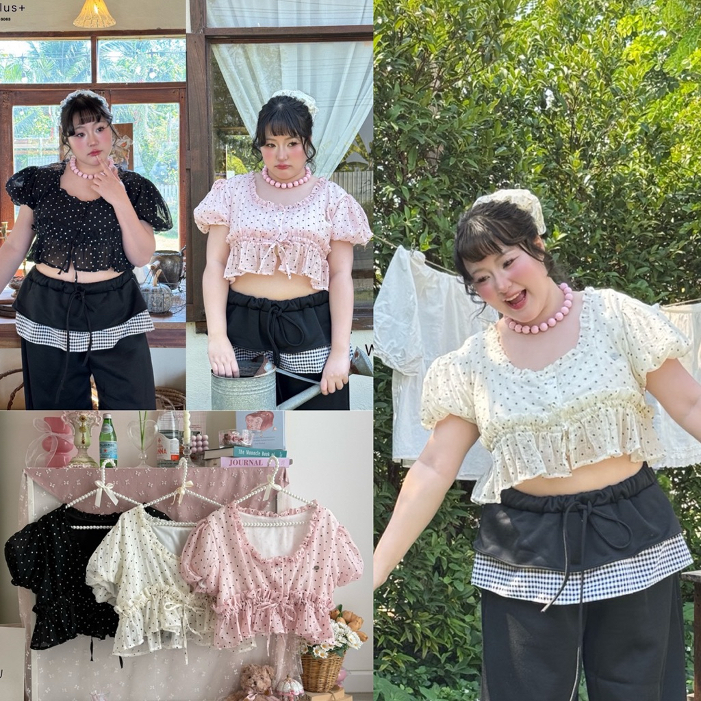 /WP/ เสื้อครอปลายจุดสุดคิ้วท์ มีไซส์อก38-52 แขนตุ๊กตา แต่งระบาย ใส่แล้วละมุนสุด #เสื้อไซส์ใหญ่ พลัสไซส์