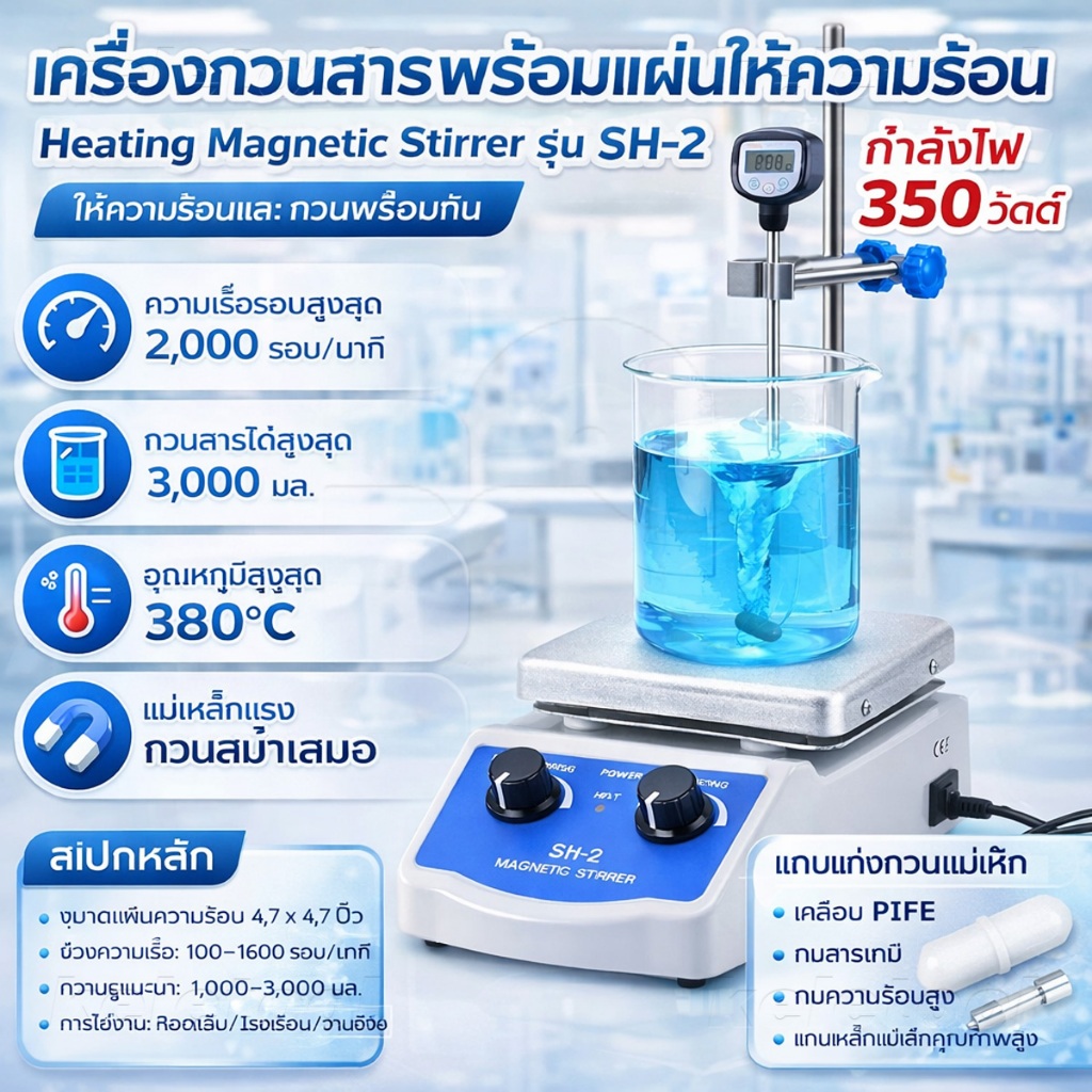 เครื่องกวนสาร ความร้อน รุ่น SH-2 Magnetic Stirrer with Hot Plate MSH-3 ความเร็วรอบ 0-1,600 RPM เครื่องผสมปรับ