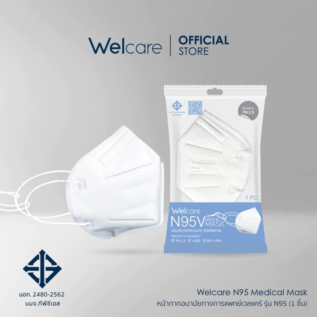 [Official] หน้ากากอนามัย Welcare ทางการแพทย์ 4 ชั้น ช่วยป้องกันฝุ่น PM2.5 รุ่น N95 1 ชิ้น/ซอง