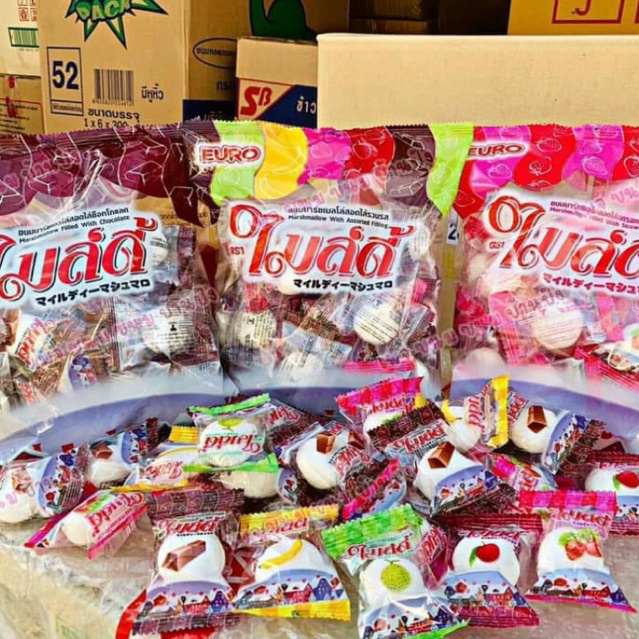 (1ห่อ)Euro ไมล์ดี้ มาร์ชเมลโล่ สอดไส้ครีมกลิ่นผลไม้ และช็อคโกแลต (30ชิ้น/ห่อ) น้ำหนักสุทธิ 120 กรัม
