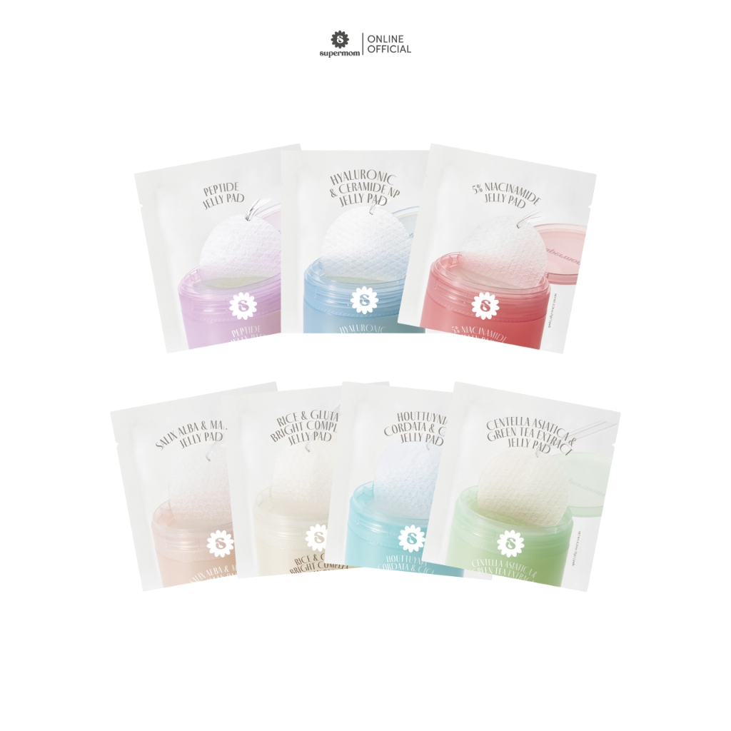 SUPERMOM | JELLY PAD เจลลี่แพด แบบซองขนาดพกพา โทนเนอร์แพดและเป็นมินิมาร์คหน้าในตัวเดียวกัน Made in Korea 1ซองมี2แผ่น