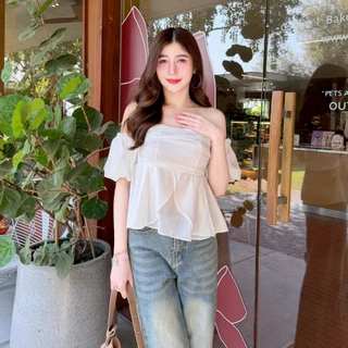 เสื้อแฟชั่น ผ้าซีฟอง เสื้อแขนสั้น เปิดไหล่แขนบอลลูน น่ารักๆๆ สม็อคหลัง ชายระบาย ใส่แมท ใส่ออกงาน สายคาเฟ่ LG098