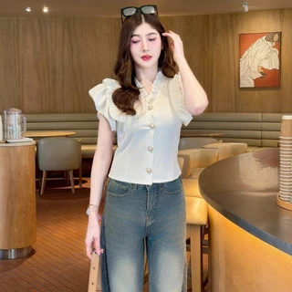 เสื้อแฟชั่น ผ้าครัช คอแต่งระบาย แขนแต่งระบาย กระดุมมุกหน้า ทรงเข้ารูป สวเรียบหรู ใส่ทำงาน ใส่ออกงาน สายคาเฟ่ LG099
