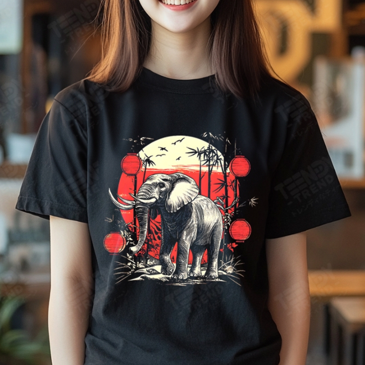 Teendy Trend เสื้อยืดผู้ชาย ผู้หญิง คอตตอน ลายelephant สีดำ รุ่นTDX0228-BL