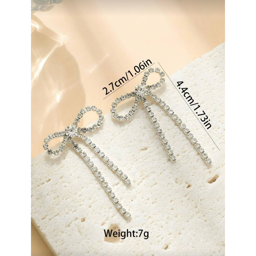 ต่างหูเพชร ต่างหูเพชรโบว์ ต่างหูโบว์ หางยาว ปลายแต่งเพชรใหญ่ พร้อมส่ง! (#P1) ราคา ถูกที่สุด โปรบีเคเค