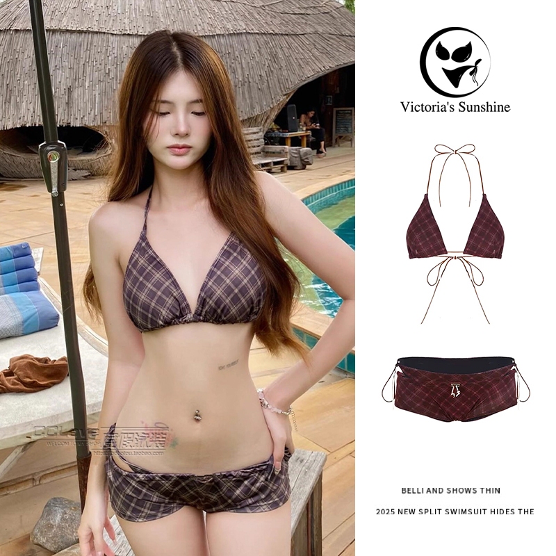 Victoria's Sunshine บิกินี่ 3 ชิ้น ชุดว่ายน้ำ bikini ลายตารางหมากรุก เซ็กซี่ สไตล์ฤดูร้อนใหม่#0998