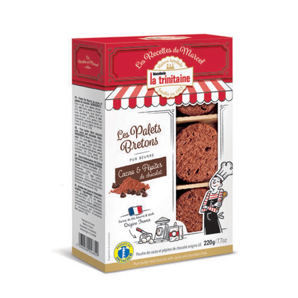 Palets bretons au cacao et aux pépites de chocolat 225g. คุกกี้เนยชนิดหนา รสช็อกโกแลตในกล่องกระดาษ