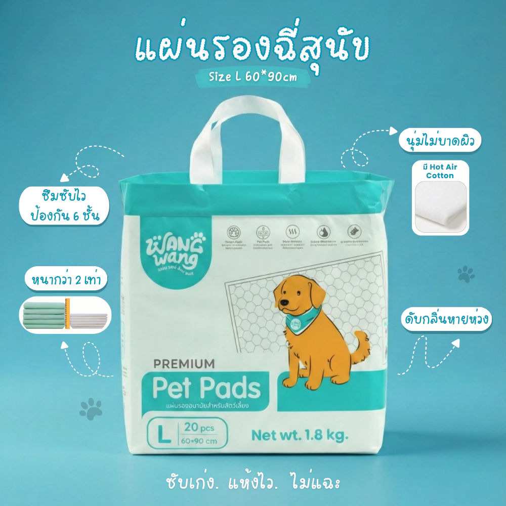 WangWang แผ่นรองฉี่สัตว์เลี้ยงพรีเมี่ยม 90x60 ซม. (20 แผ่น) – ซึมซับดี แห้งไว ลดกลิ่น ไม่ซึมเปื้อน