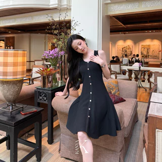 KANYA - ALINA DRESS[1003] เดรสไหมพรม ดีเทลกระดุม (8D) / (21G)(ดำ,Plus size)