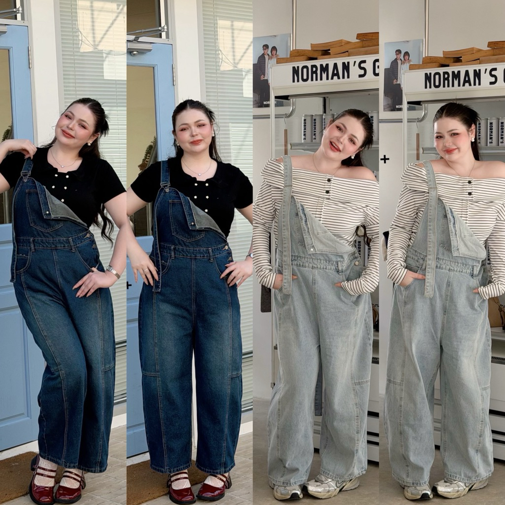 Overall Jeans - เอี๊ยมยีนส์ขายาวสาวอวบ ทรงเบสิค กางเกงทรงขากระบอกใหญ่พิเศษ เก๋มากก สาวๆต้องมี! เอี๊ยมสาวอวบ