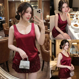 ชุดเซ็ทเสื้อซาติน+กระโปรงแต่งเพชรTYT