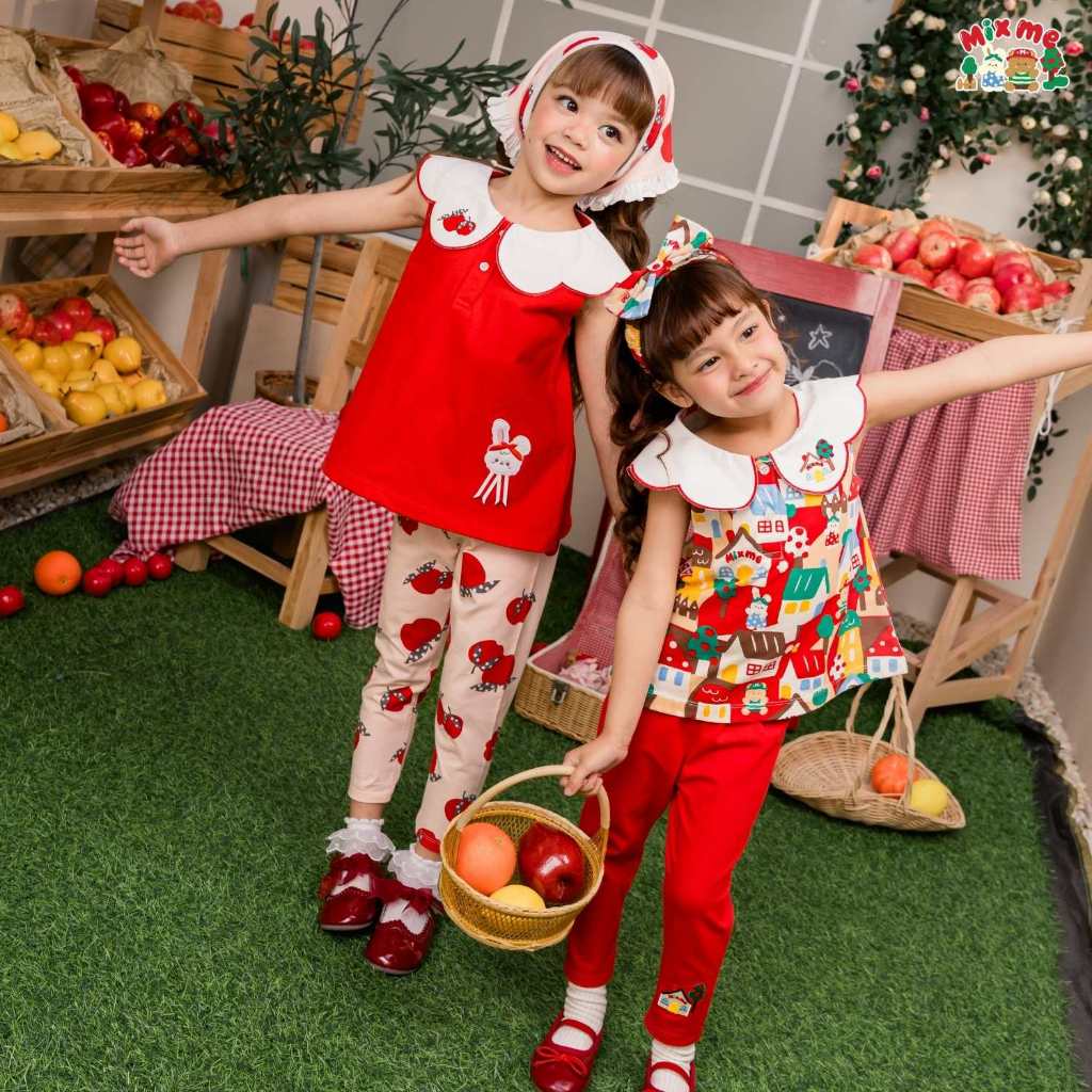 Mix Me เสื้อปกฉลุ กางเกงเลคกิ้ง พิมพ์ลาย ผ้า Single jersey Cotton เด็กหญิง อายุ 1-7ปี เสื้อผ้าเด็ก ร