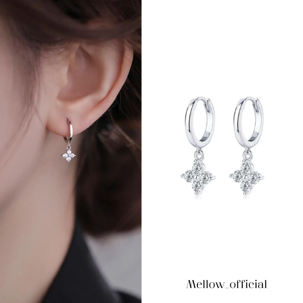 ต่างหูห่วงเงิน925 จี้โคลเวอร์เพชร🍀 วิ้งน่ารัก เก๋กรุบแบบติดแกรม RA21 Mellow