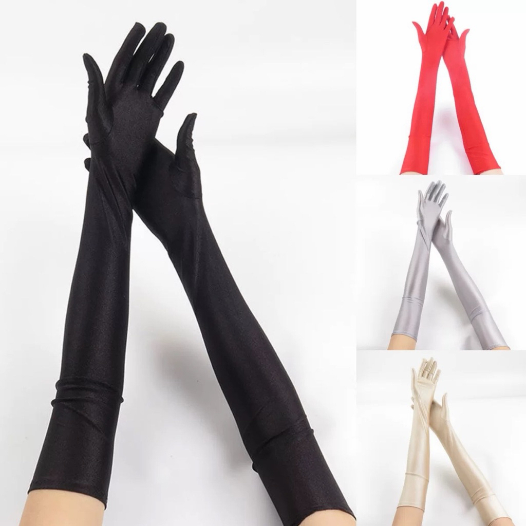 ถุงมือผ้ายืดยาว45 cm ผ้าซาตินเนื้อนุ่ม สีแดง สีดํา สีขาว ยืดได้เยอะ ฟรีไซส์