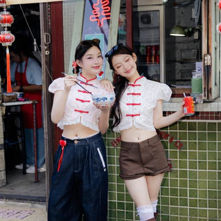 RIKA 🧧อั่งเปา 💵เสื้อครอปคอจีนกระดมุจีนชายลูกไม้