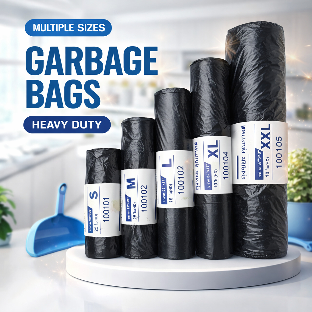 ซื้อ 5 แถม 5 ถุงขยะสีดำ ขนาดหนา ป้องกันการรั่วไหล HDPE  S/M/L/XL/XXL นิ้ว 1 ม้วนหลายใบ