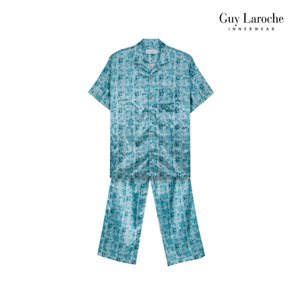 Guy Laroche ชุดนอนคอปก แขนสั้น ขายาว พิมพ์ลาย เนื้อผ้าซาติน เรียบ ลื่น สีเขียว รุ่น JPP7525S6GR