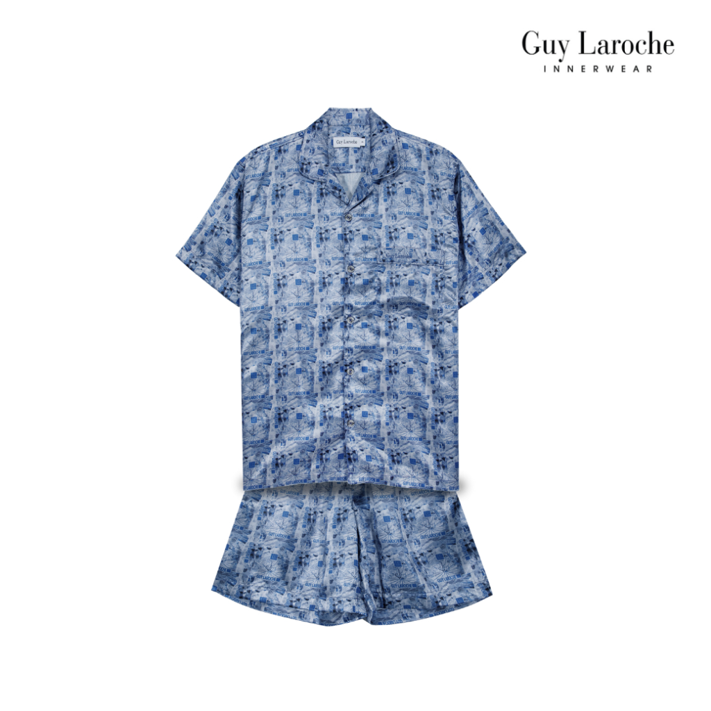 Guy Laroche ชุดนอนคอปก แขนสั้น ขาสั้น พิมพ์ลาย ผ้าซาติน เรียบ ลื่น สีน้ำเงิน รุ่น JPC7525S6NB