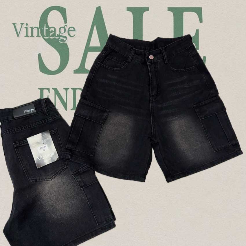 Vintage รุ่น 6025 กางเกงยีนส์ ขาสั้น สีดำ คาร์โก้ แต่งเฟดขา ทรงสวย ผ้าไม่ยืด กระเป๋าตรง 2 ใบ