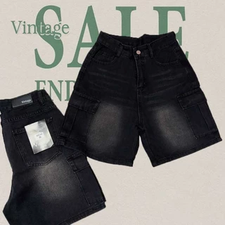 Vintage รุ่น 6025 กางเกงยีนส์ ขาสั้น สีดำ คาร์โก้ แต่งเฟดขา ทรงสวย ผ้าไม่ยืด กระเป๋าตรง 2 ใบ