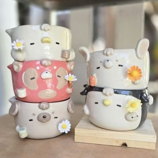 ถ้วยมัทฉะลายสัตว์น่ารัก ถือดอกไม้ ถ้วยชาลายสัตว์น่ารัก ของขวัญน่ารัก พร้อมส่ง