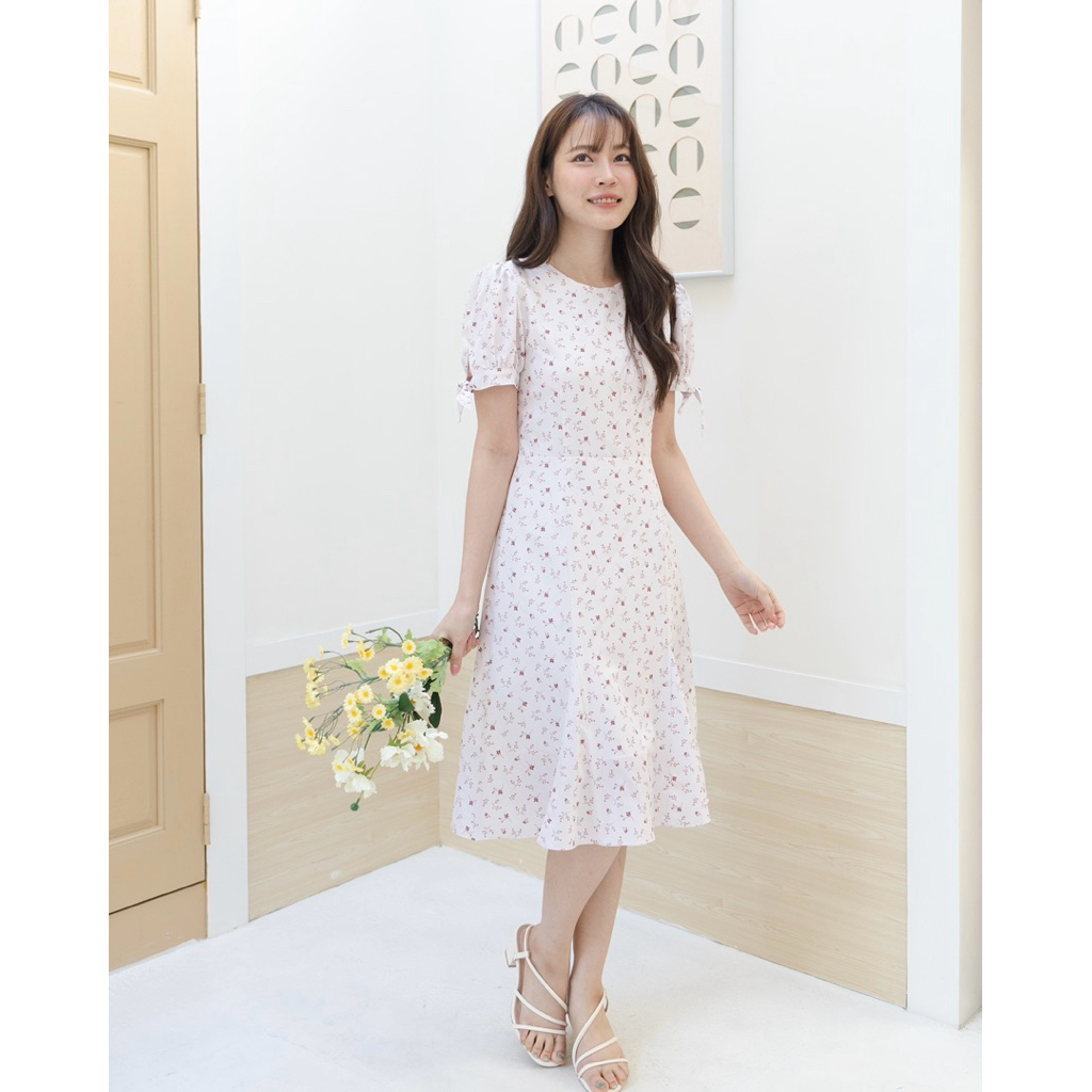 🌹🎀Roseia dress เดรสแขนโบว์ ผ้าใส่สบาย ไม่ร้อน ดีเทลจับช่อปลายกระโปรง โทนสีสุภาพ (ตัดสั้นฟรี ระบุในโน๊ตเท่านั้น)