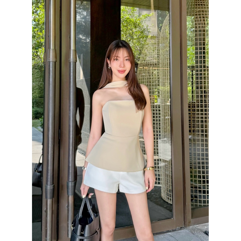 (Only Top) Beige Halter Strapless Top