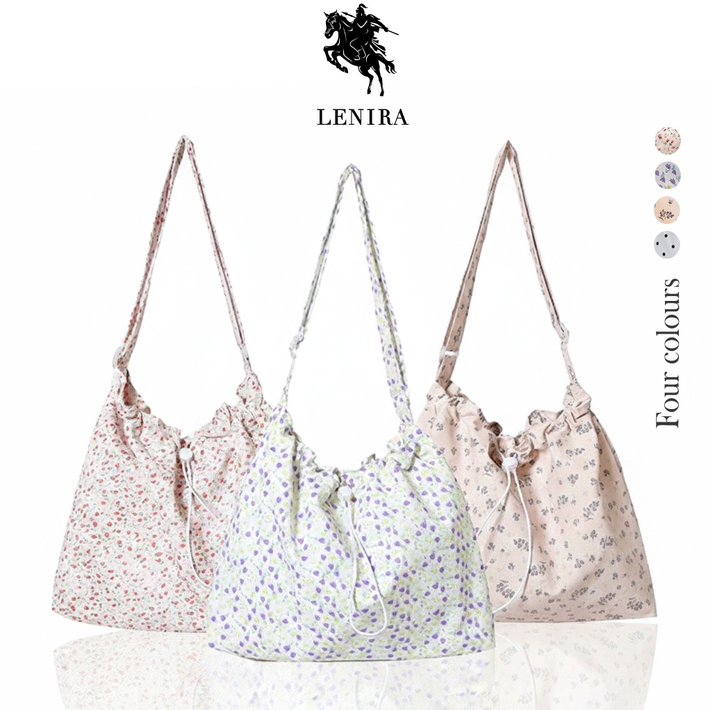 ส่งด่วน Lenira (B2066) กระเป๋าสะพายข้างผ้าไนล่อนลายดอกไม้-ปากกระเป๋ารูดเป็นทรงขนมจีบ