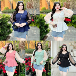 เสื้อใส่ทำงาน งานบุญ ไปวัด สาวอวบอ้วน แขนมุ้งจุดกำมะหยี่ สีด…