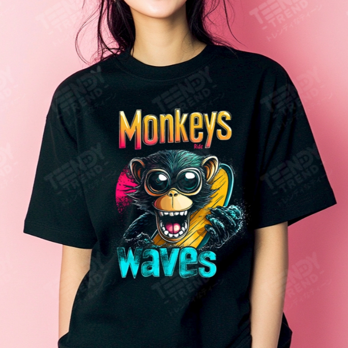 Teendy Trend เสื้อยืดผู้ชาย ผู้หญิง คอตตอน ลายmonkey สีดำ รุ่นTDX0309-BL
