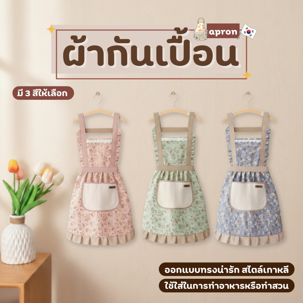 ผ้ากันเปื้อนสไตล์เกาหลี ผ้ากันเปื้อนลายดอกไม้ ผ้ากันเปื้อนทำอาหารโพลีเอสเตอร์ ทนทาน กันเปื้อน