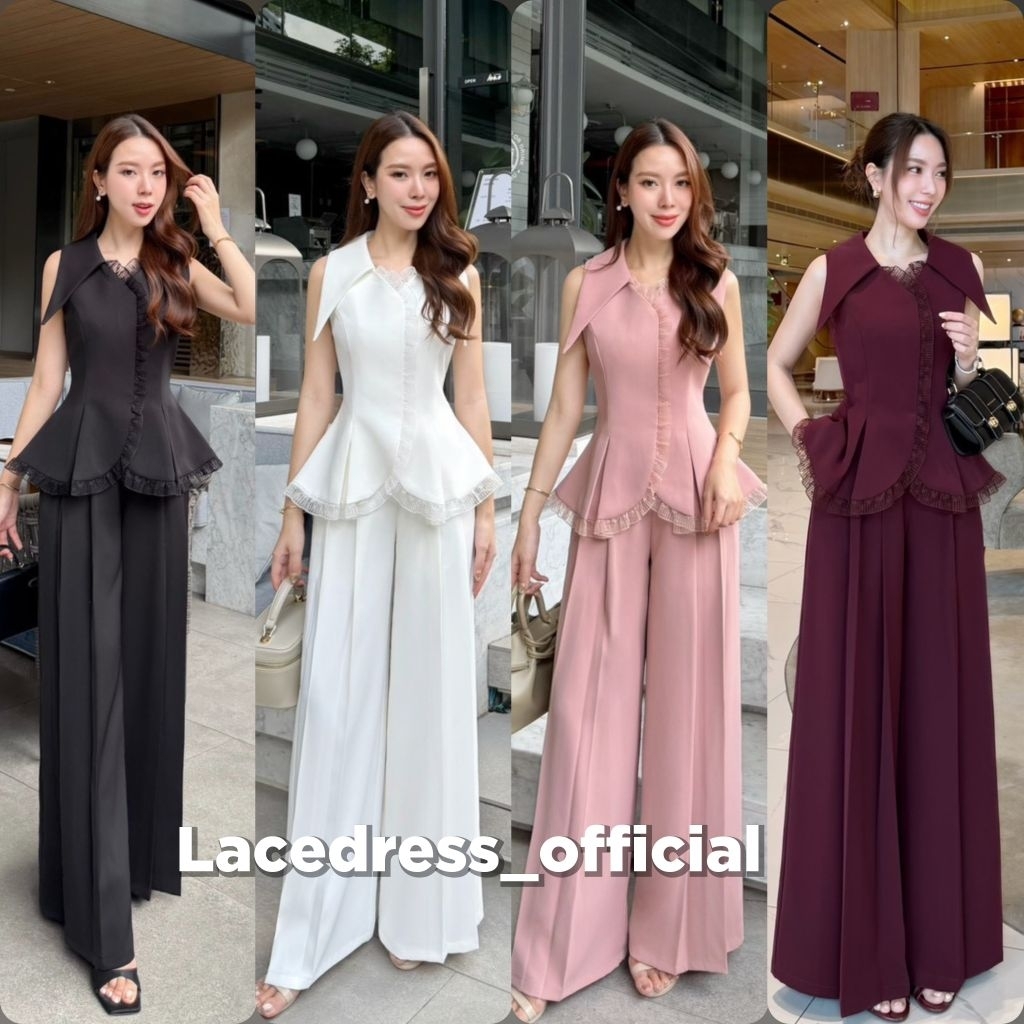 Shimmer●ชุดเซ็ตเสื้อคอปกแหลม+กางเกงขายาว