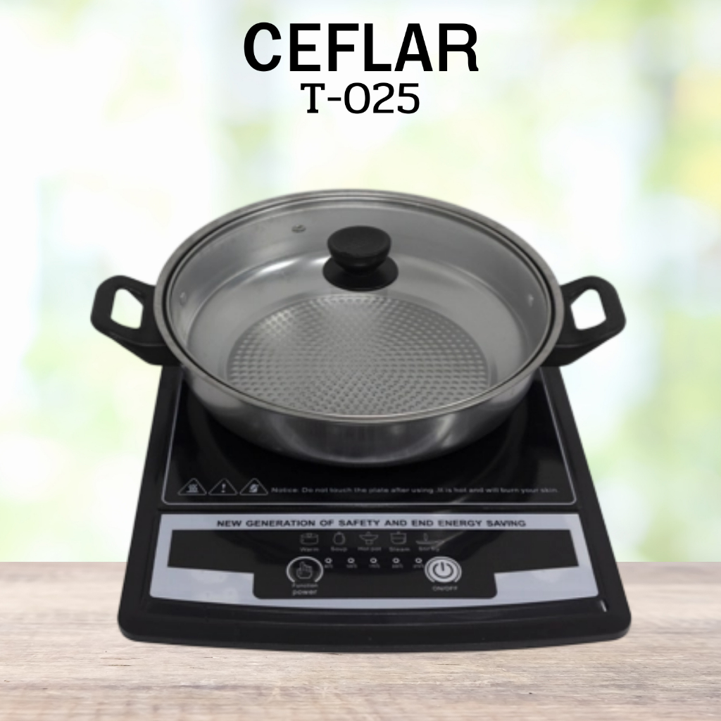 เตาแม่เหล็กไฟฟ้า CEFLAR รุ่น T-025 กำลังไฟ 1200w พร้อมหม้อสเตนเลส