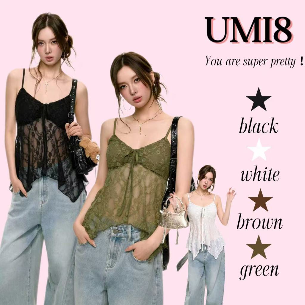 UMI8💝【ในสต็อก】💝 เสื้อสายเดี่ยวสไตล์ฝรั่งเศส ลายดอกไม้แต่งขอบลูกไม้ ดีไซน์ครอปท็อปที่ช่วยให้ดูผอมเพรียว เหมาะสำหรับสาวฮอต