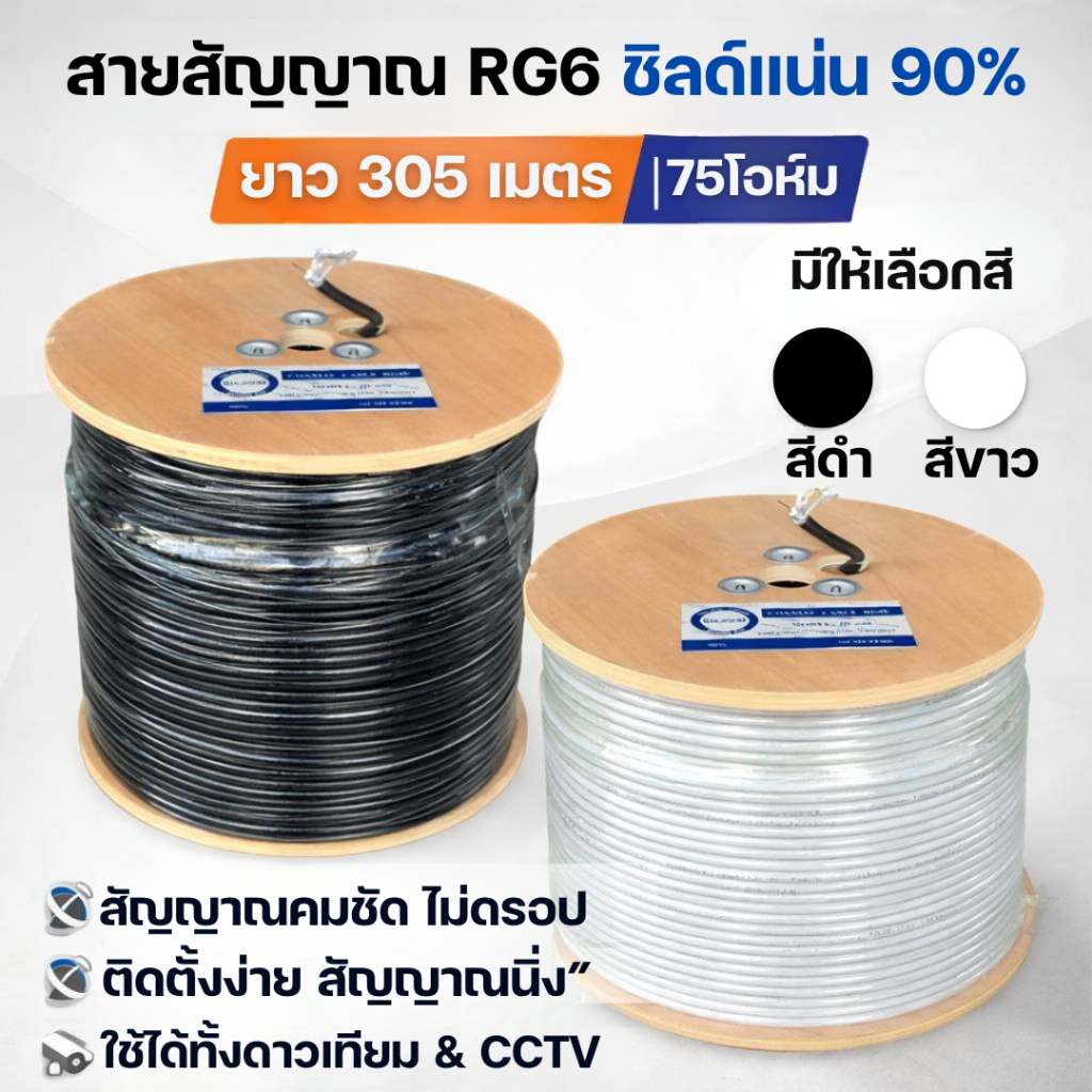 สายนำสัญญาณ RG6 ชิลล์90% ความยาว 305 เมตร ยี่ห้อ IDEASAT  (มีให้เลือก สีดำและสีขาว)