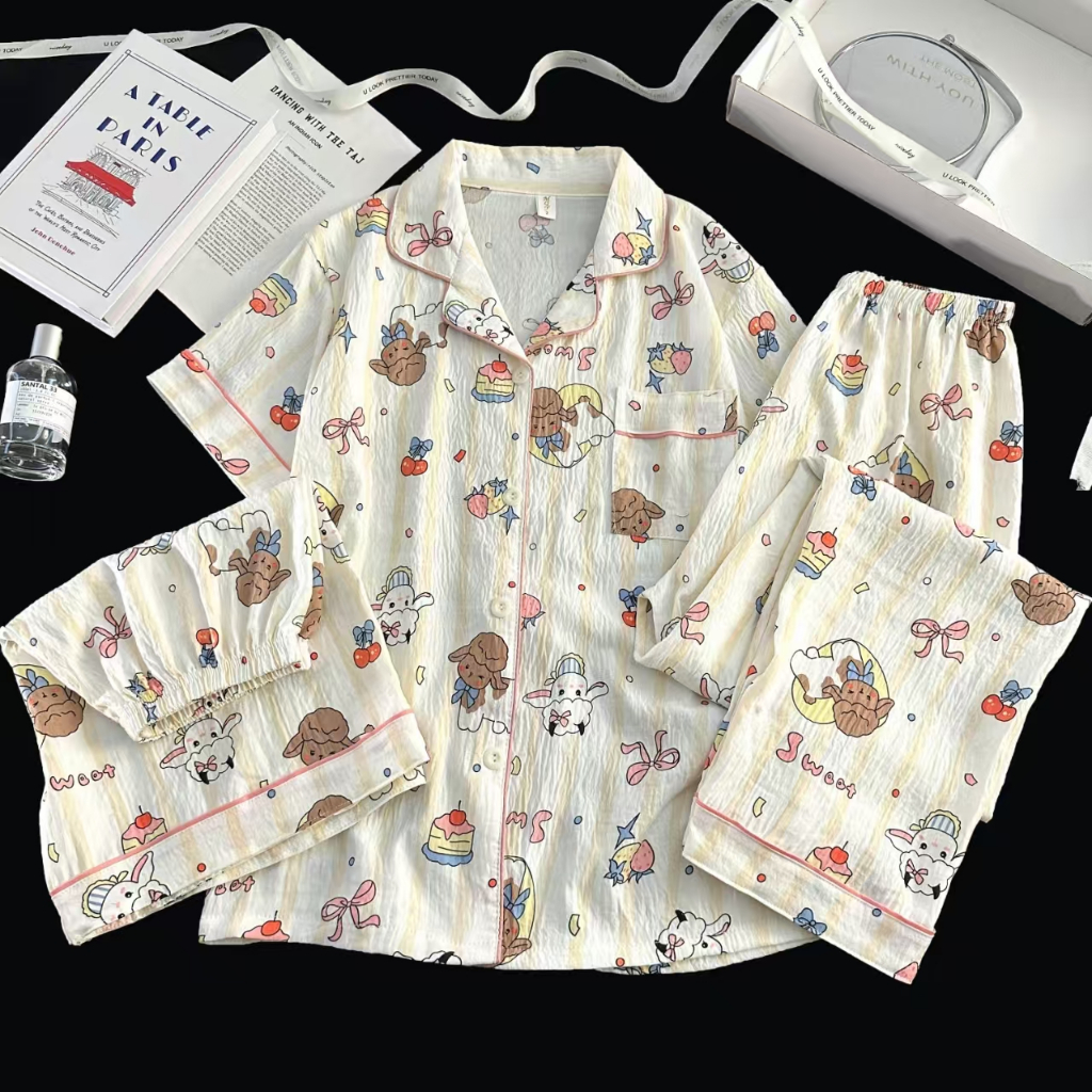 จุดเวฟการ์ตูนสีสันสดใส ชุดนอนสามชิ้น เสื้อแขนสั้น กางเกงขายาว กางเกงขาสั้น ผ้าสบาย เหมาะสำหรับวัยรุ่น จัดส่งจากประเทศไทย - รูปที่ 6