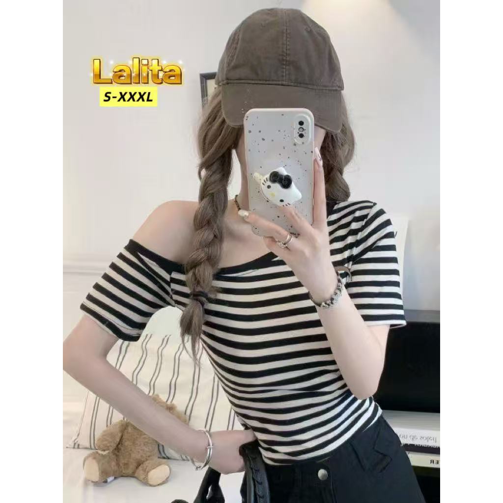 ส่งไวจากไทย เสื้อท่อนบน ปาดไหล่ แขนสั้น ลายทางขาวดำ หวานน่ารัก เซ็กซี่ ผ้ายืด ใส่สบาย🍒Lalita