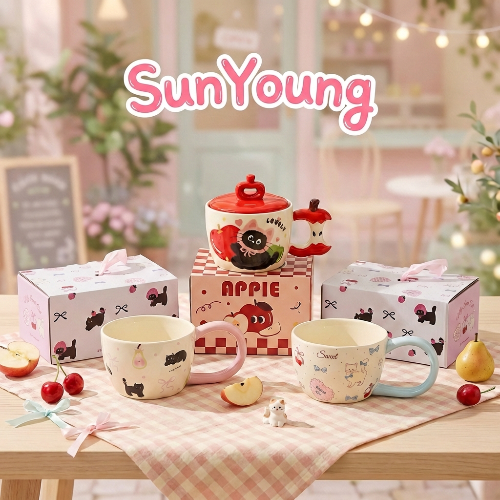 🎄🍎🐱 แก้วแมวแอปเปิ้ล เซรามิกคุณภาพ พร้อมกล่องของขวัญ แก้วกาแฟน่ารัก เหมาะเป็นของขวัญคริสต์มาส Gift