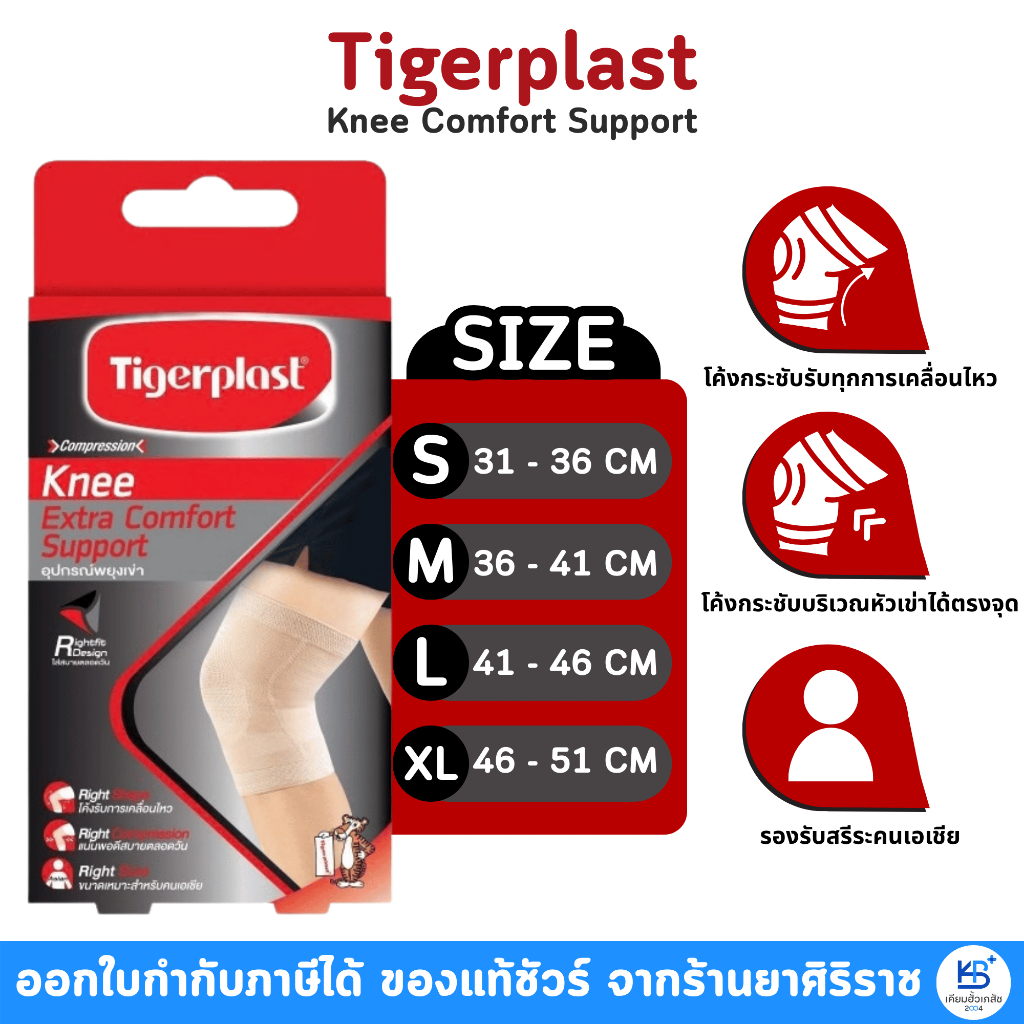Tigerplast ไทเกอร์พลาส อุปกรณ์พยุงเข่า ระบายอากาศดี ใส่สบายตลอดวัน (ไซส์ S/M/L/XL)