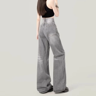 S~5XL Cement Gray Baggy jeans กางเกงขาตรงสีเทาอินเทรนด์ 2026 กางเกงยีนส์ลำลองเอวสูงใหม่หลวม HOT